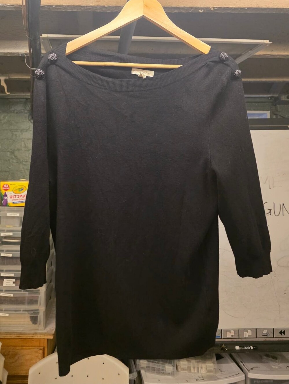 Dress Barn Black Tunic Sweater 3/4 Sleeve Button Shoulder Detail Size Xl